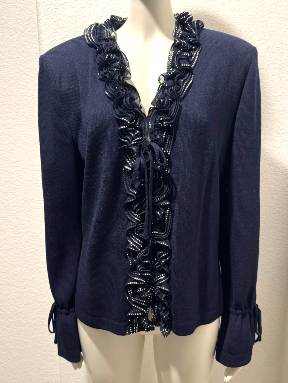St. John Evening Navy Blue Embellished Ruffled Long Sleeve Knit Cardigan Sz 14